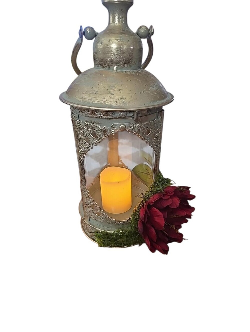 Hand Decorated Vintage Style Lantern Burgundy Floral Flameless Candle 15